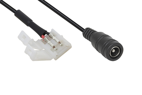 Conector 2 pines p/tira de LED 10mm c/plug inv. 2,1 mm